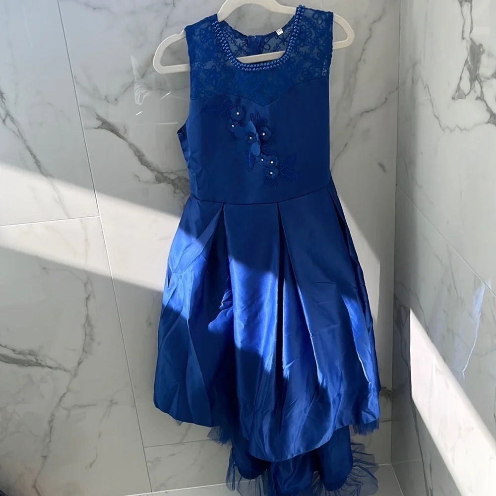 Elegant Floral Pearl and Blue Silk Youth Dress